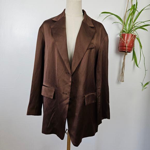 NWOT Zara Single Breasted Oversized Satin Blazer Jacket Sz M Brown NEW - Picture 2 of 13